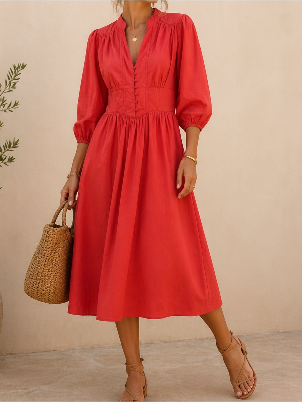 Free People Red Midi Summer Winds Dress Puff Sleeves Womens Size 2 Knee Length
